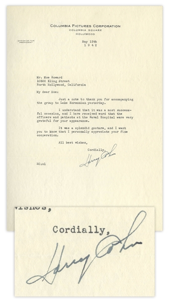 Columbia Pictures President Harry Cohn Letter Signed to Moe Howard, Dated May 1942, Thanking Moe for Visiting the Naval Hospital During WWII -- 7.25'' x 10.5'', Near Fine Condition